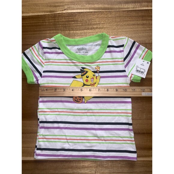 Pokemon Kids Halloween Pikachu T-Shirt Striped Short Sleeve Green Collar & Cuffs - Picture 9 of 10